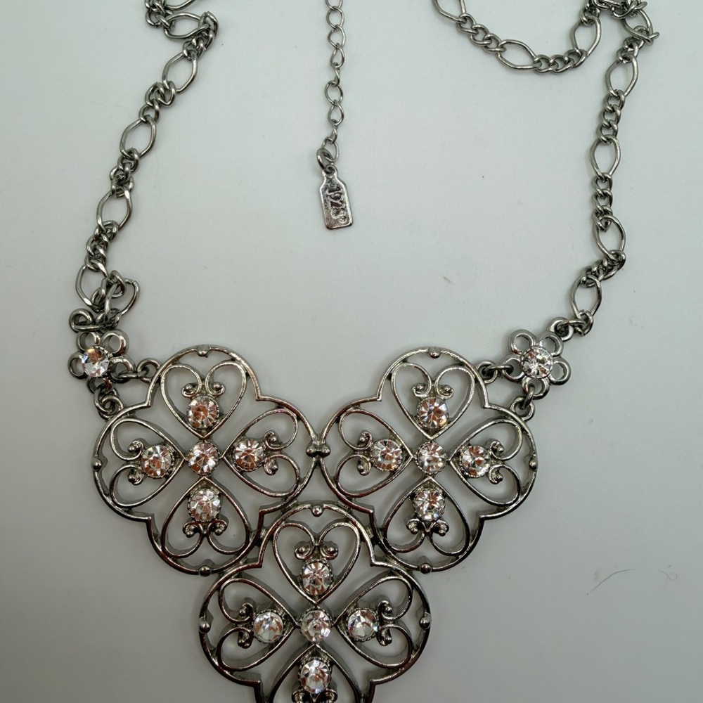 1928 Silver-Tone Filigree Necklace with Clear and Pale Pink Crystals